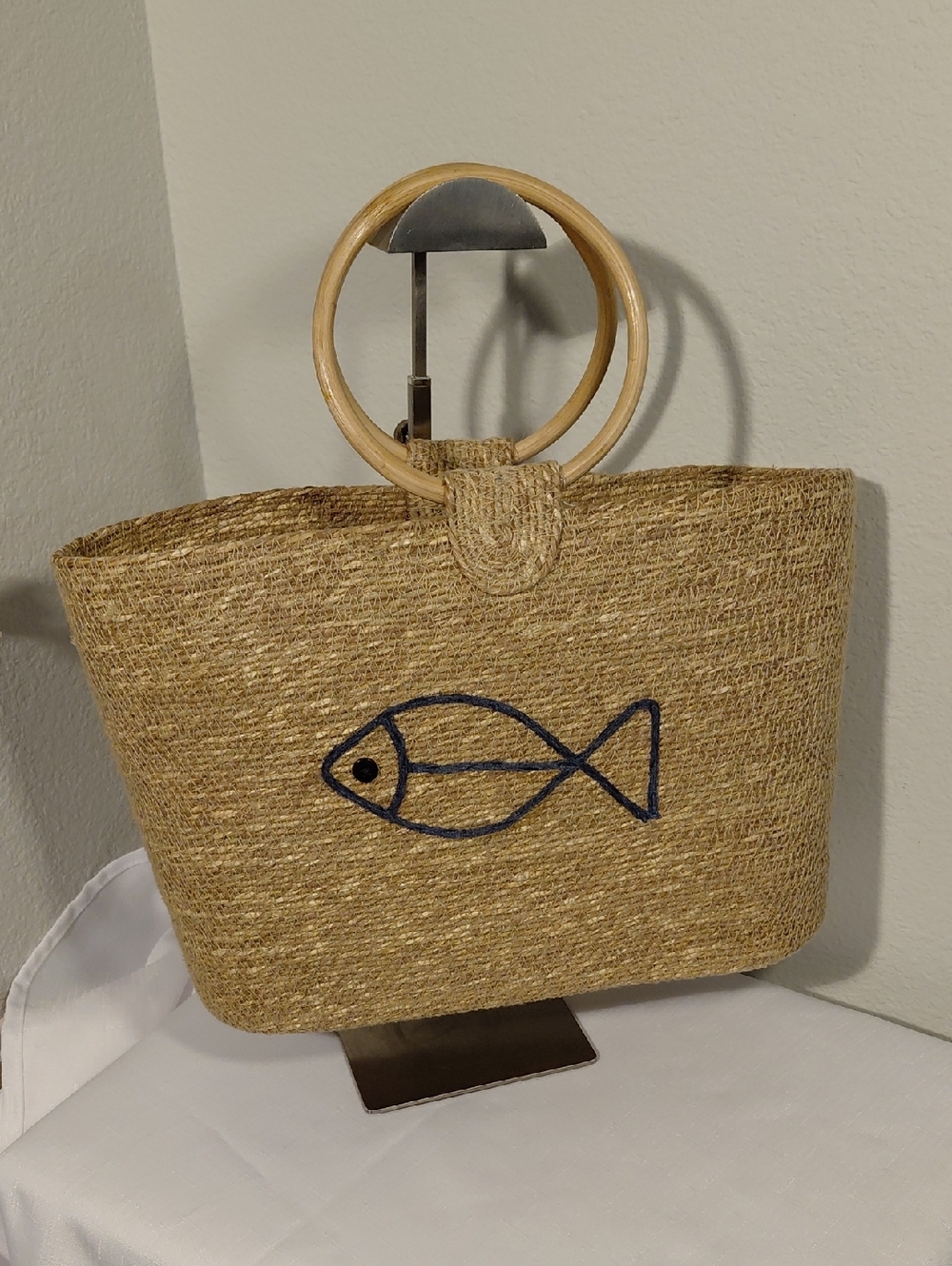 Woven Straw Navy Fish Tote